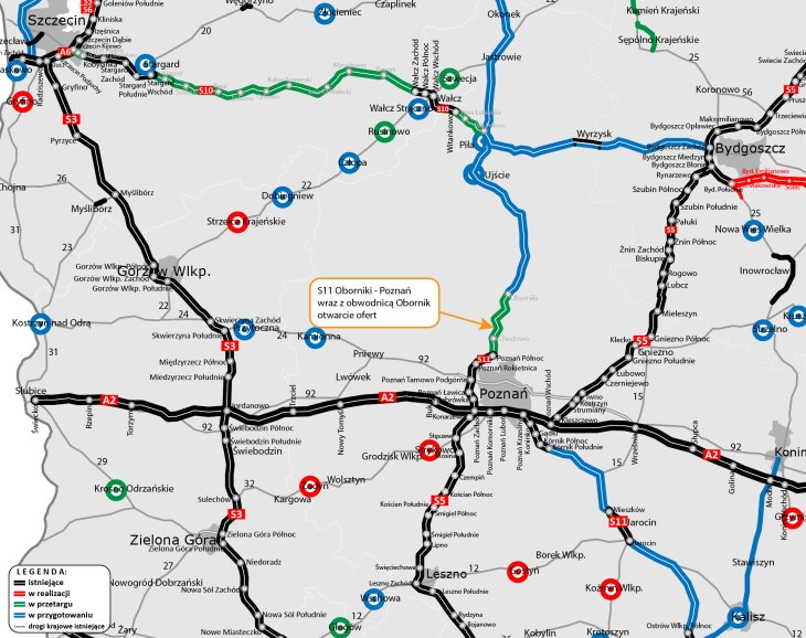 Mapa drogi ekspresowej S11 Oborniki–Poznań. Źródło: GDDKiA